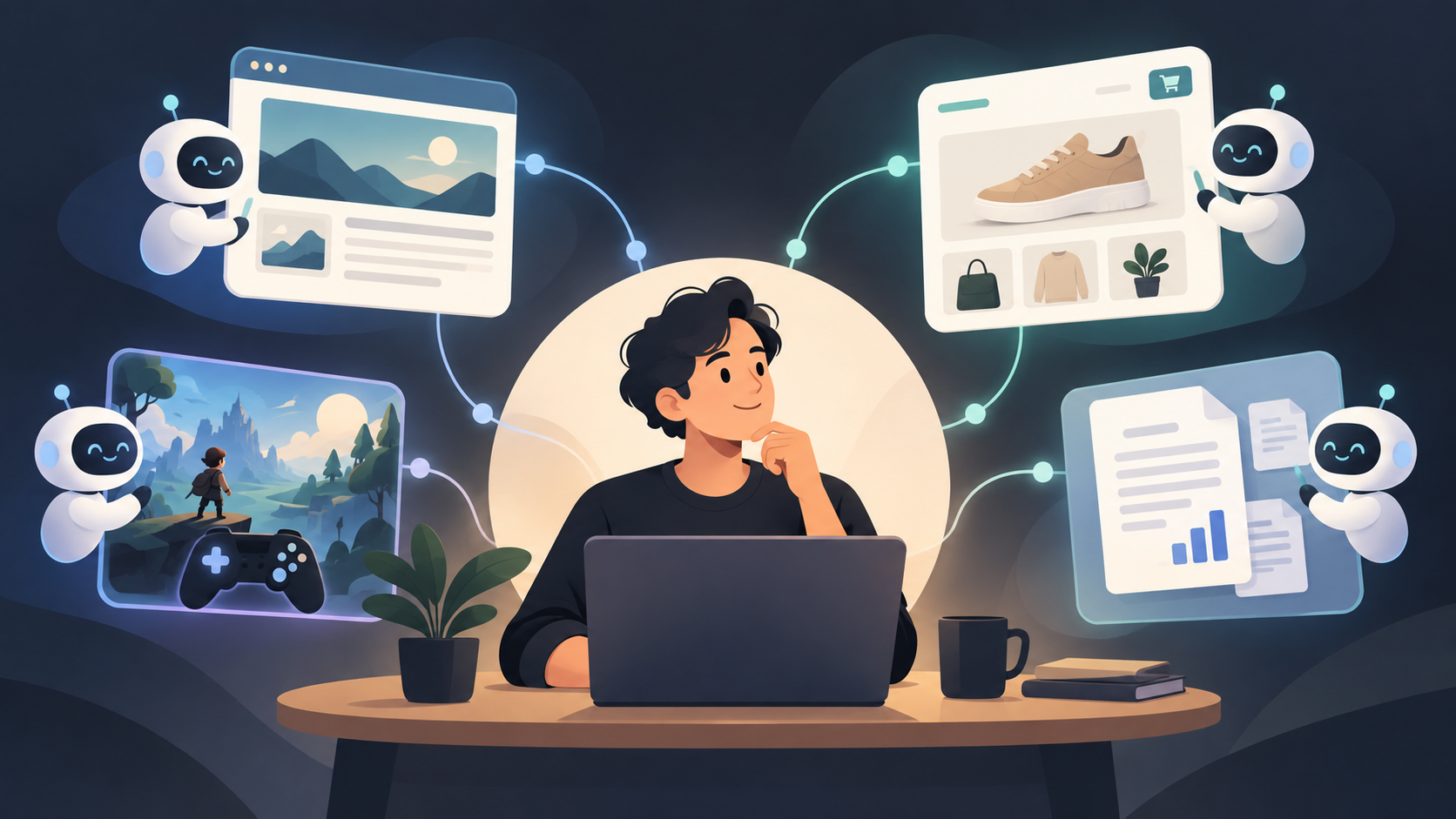 One person using AI agents to work on website, game, and e-commerce projects at the same time