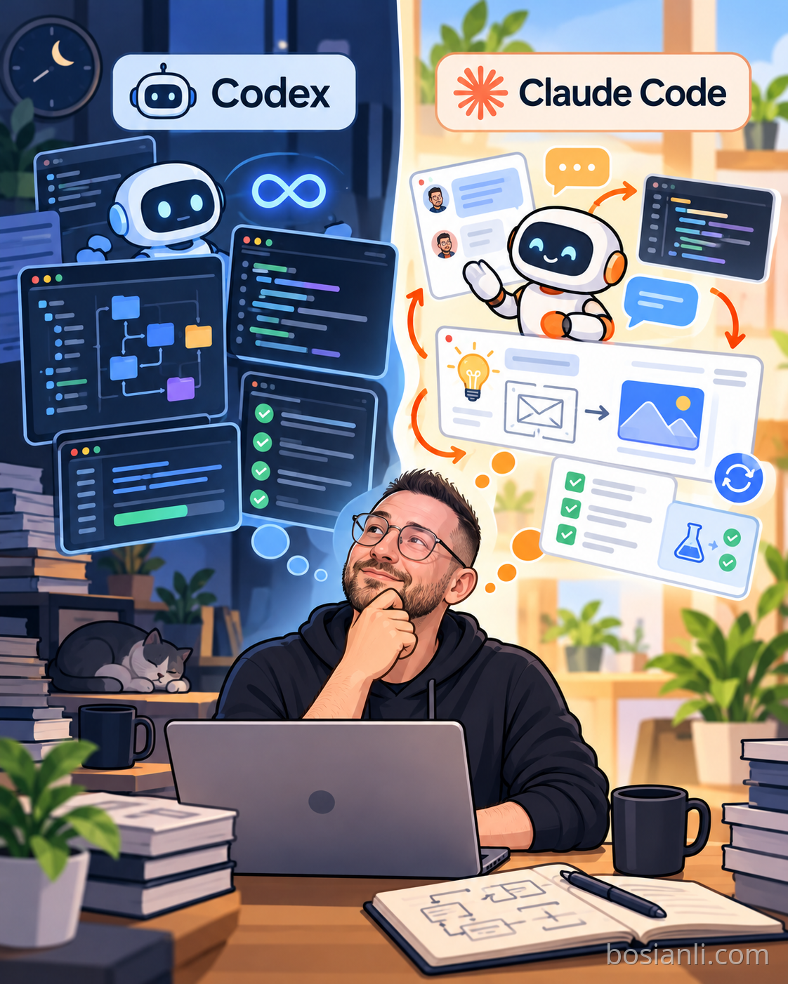 Codex 與 Claude Code 兩種工作方式的卡通插畫比較，Peter 坐在電腦前觀察